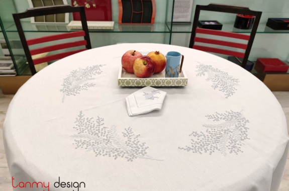 Round table cloth- mimosa flower embroidery (size 180 cm)